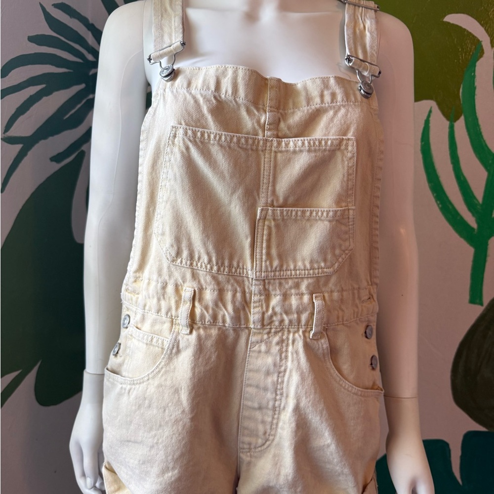 We The Free Cream Denim Short Overalls